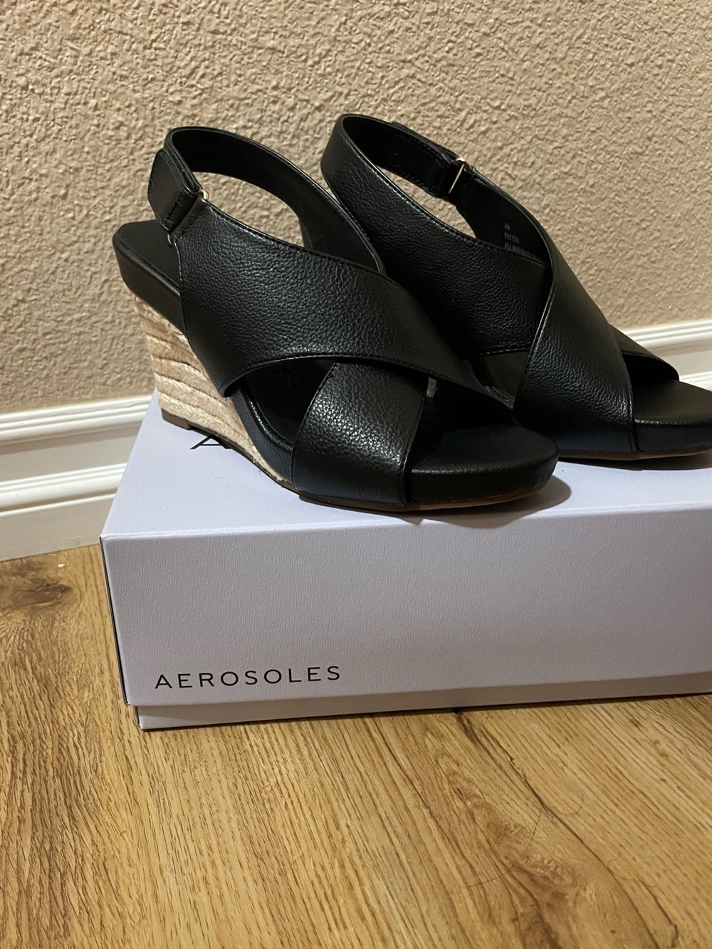 Aerosoles Payton Black Leather Crisscross Wedge Sandals